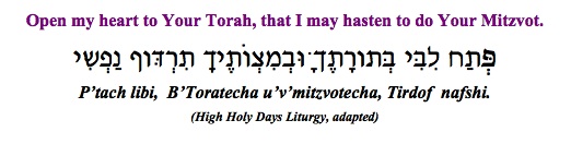 "P'toch libi b'Torahtecha u'v'mitzvotecha tirdof nafshi - Open my heart to Your Torah that I may hasten to do Your mitzvot." (High Holy Days liturgy, adapted)